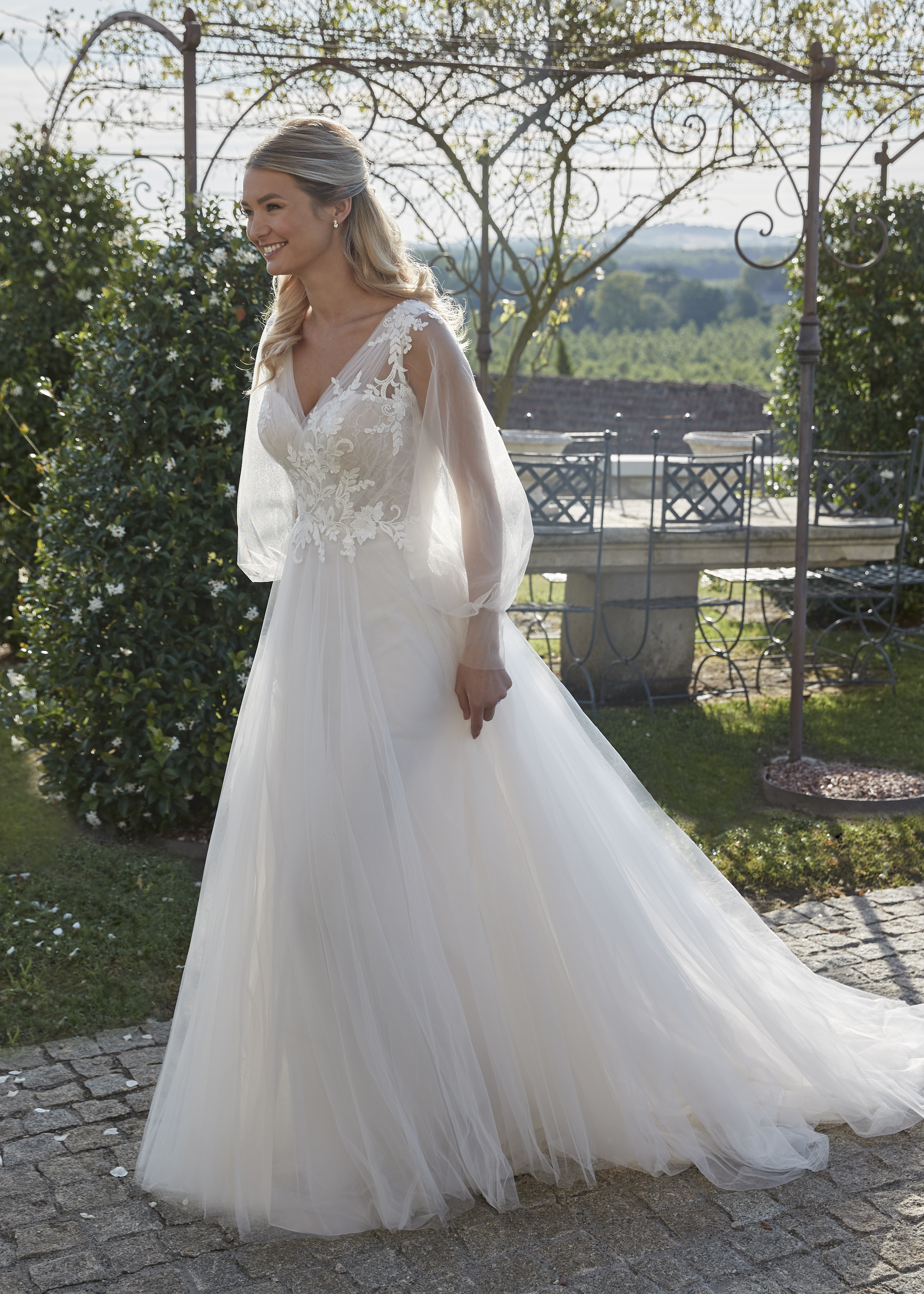sachin and babi light blue dress A-Line V-Neck Long Sleeves Chiffon Court Train Wedding Dress With Lace main image 0